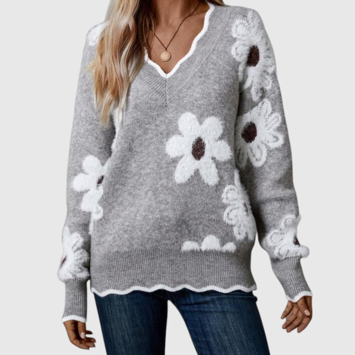 THEA - Elegantní V-svetr s květinami