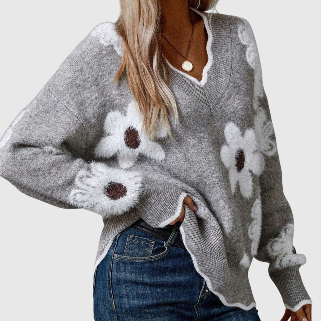 THEA - Elegantní V-svetr s květinami