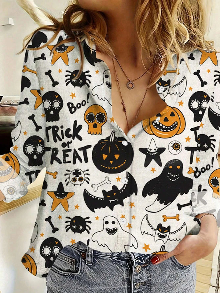 Módní dámské tričko s 3D potiskem dýňového vzoru pro Halloween s dlouhým rukávem a klopovým zapínáním, oblečení pro ženy na sváteční párty