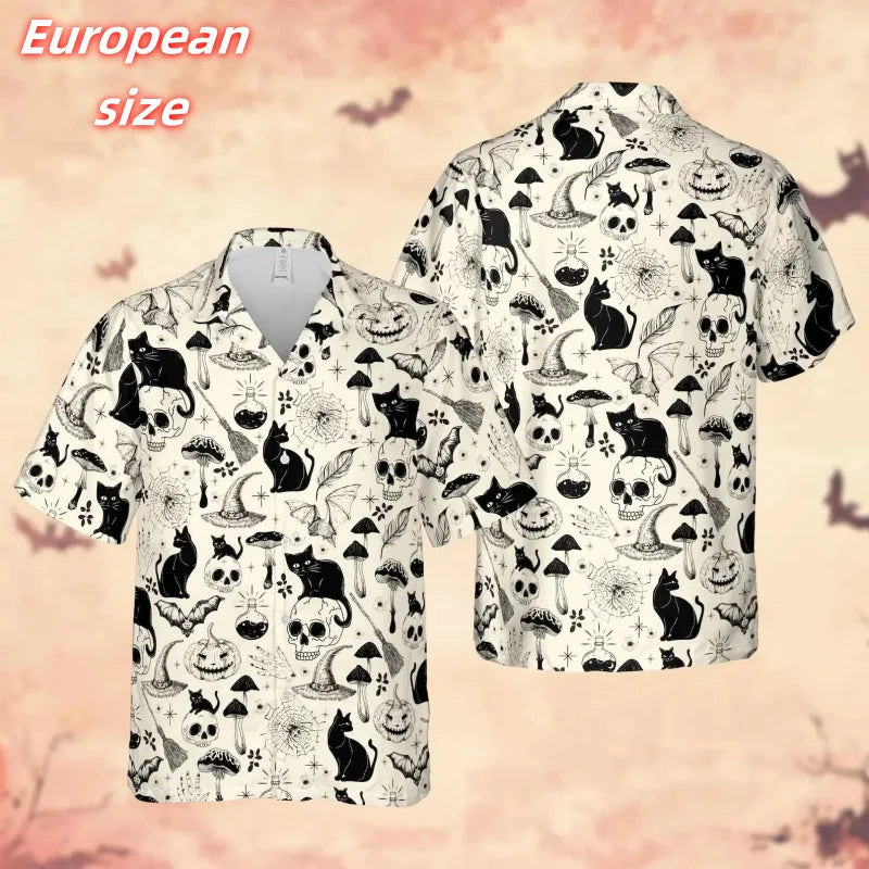 Cat Skull Pumpkin Bat Pattern Hawaiian Shirt For Men Halloween 3D Printed Blouse Summer Short Sleeve Lapel Tops Aloha Shirts