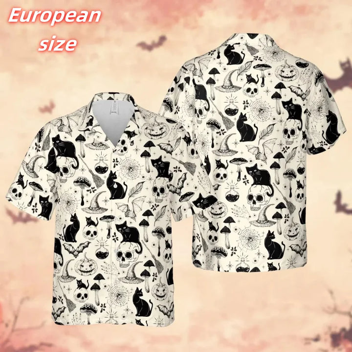 Cat Skull Pumpkin Bat Pattern Hawaiian Shirt For Men Halloween 3D Printed Blouse Summer Short Sleeve Lapel Tops Aloha Shirts