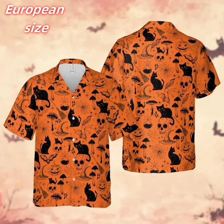 Cat Skull Pumpkin Bat Pattern Hawaiian Shirt For Men Halloween 3D Printed Blouse Summer Short Sleeve Lapel Tops Aloha Shirts