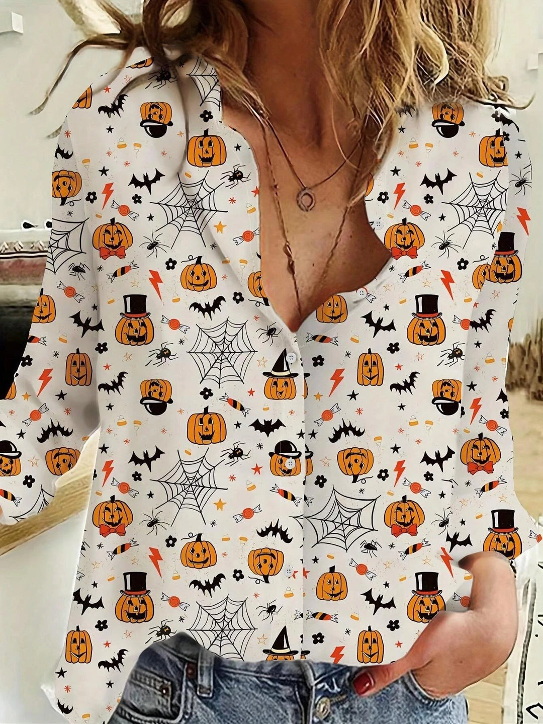 Módní dámské tričko s 3D potiskem dýňového vzoru pro Halloween s dlouhým rukávem a klopovým zapínáním, oblečení pro ženy na sváteční párty