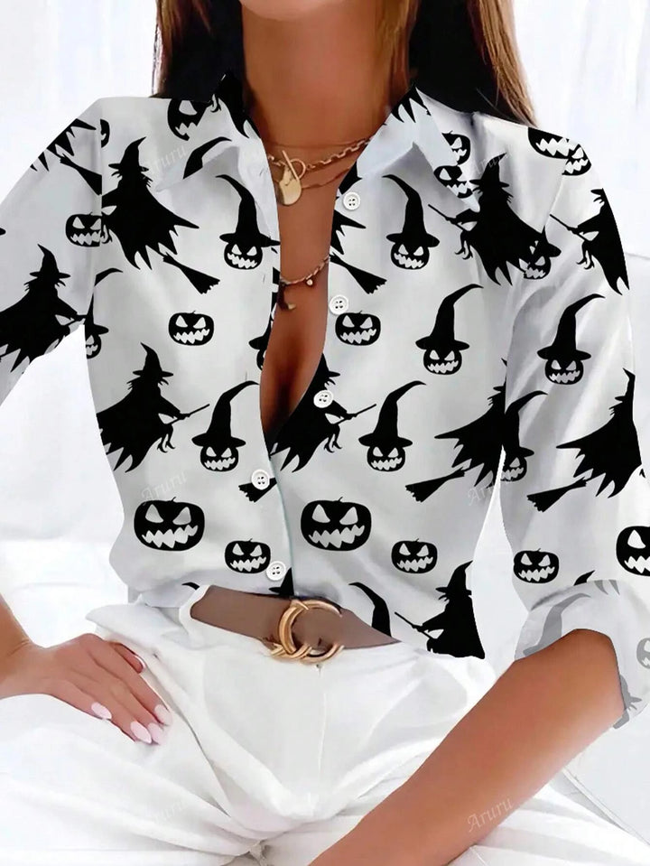 Módní dámské tričko s 3D potiskem dýňového vzoru pro Halloween s dlouhým rukávem a klopovým zapínáním, oblečení pro ženy na sváteční párty