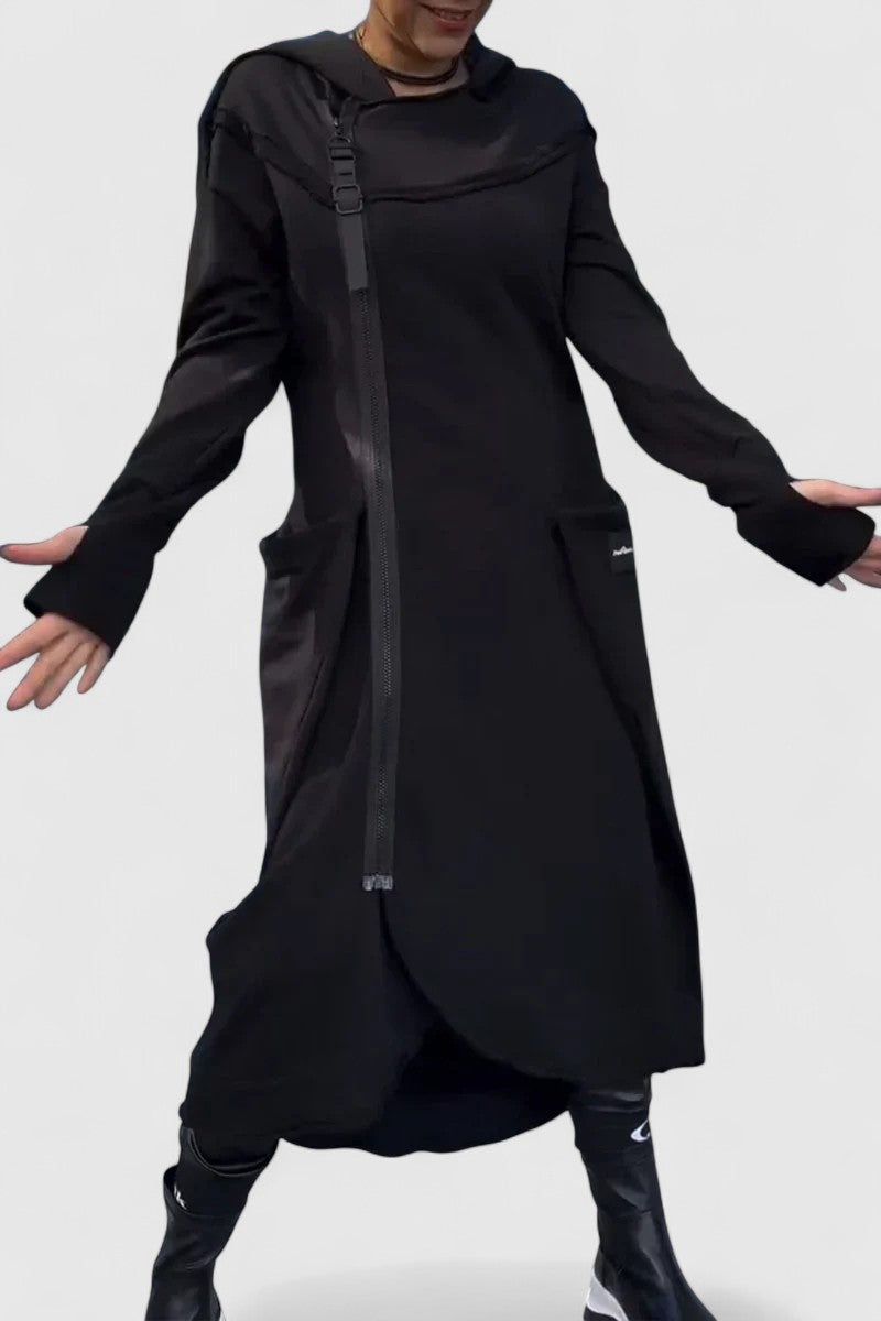 MARIE-Dlouhý kabát s kapucí a zipem