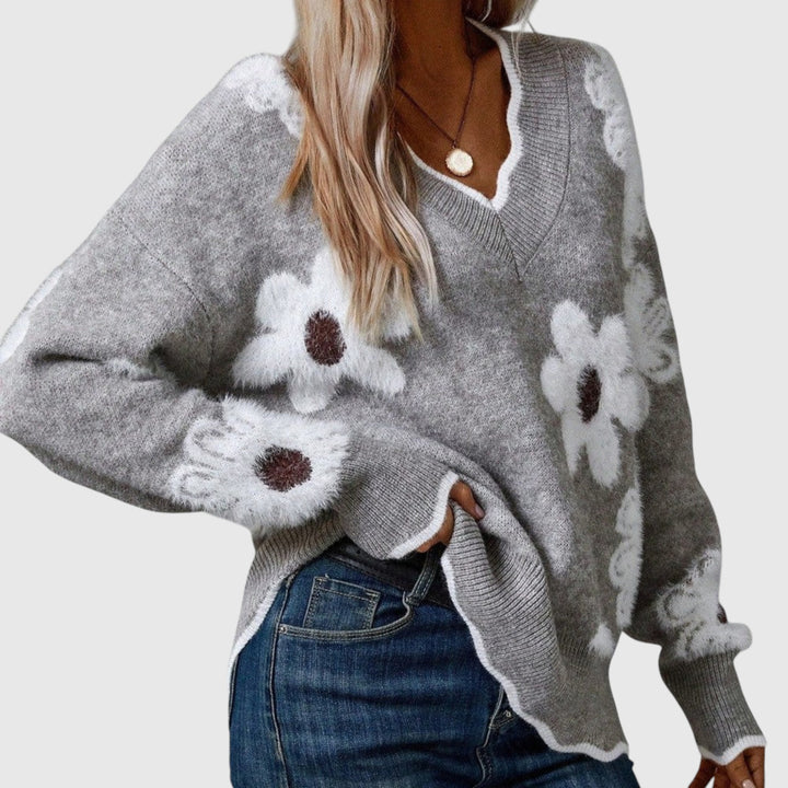 THEA - Elegantní V-svetr s květinami