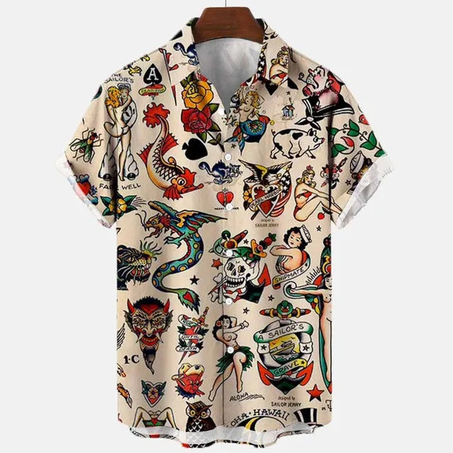 Letní pánská košile s 3D potiskem lebky a dýně Krátký rukáv Havajská ležérní ulice Party