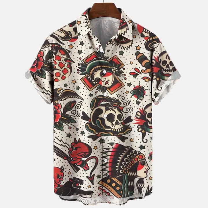 Letní pánská košile s 3D potiskem lebky a dýně Krátký rukáv Havajská ležérní ulice Party