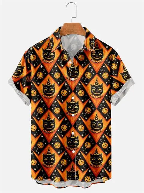 Letní pánská košile s 3D potiskem lebky a dýně Krátký rukáv Havajská ležérní ulice Party