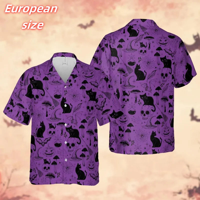 Cat Skull Pumpkin Bat Pattern Hawaiian Shirt For Men Halloween 3D Printed Blouse Summer Short Sleeve Lapel Tops Aloha Shirts