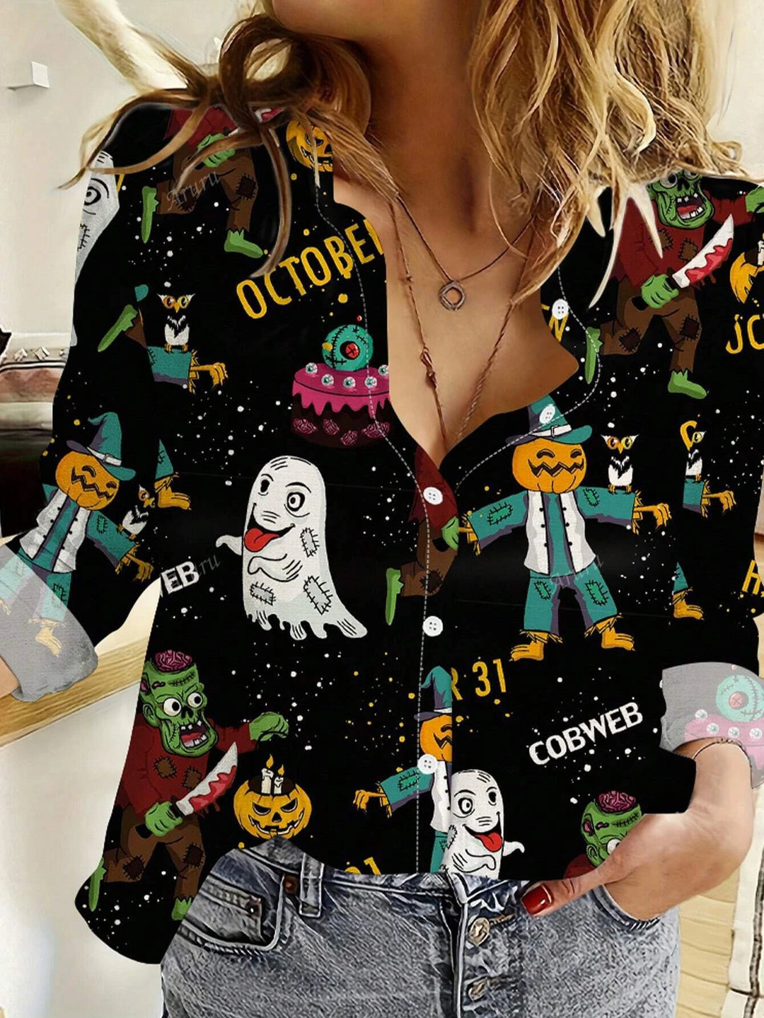 Módní dámské tričko s 3D potiskem dýňového vzoru pro Halloween s dlouhým rukávem a klopovým zapínáním, oblečení pro ženy na sváteční párty