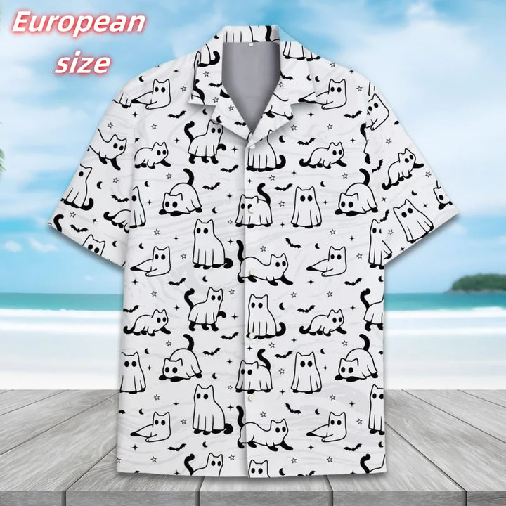 Cat Skull Pumpkin Bat Pattern Hawaiian Shirt For Men Halloween 3D Printed Blouse Summer Short Sleeve Lapel Tops Aloha Shirts