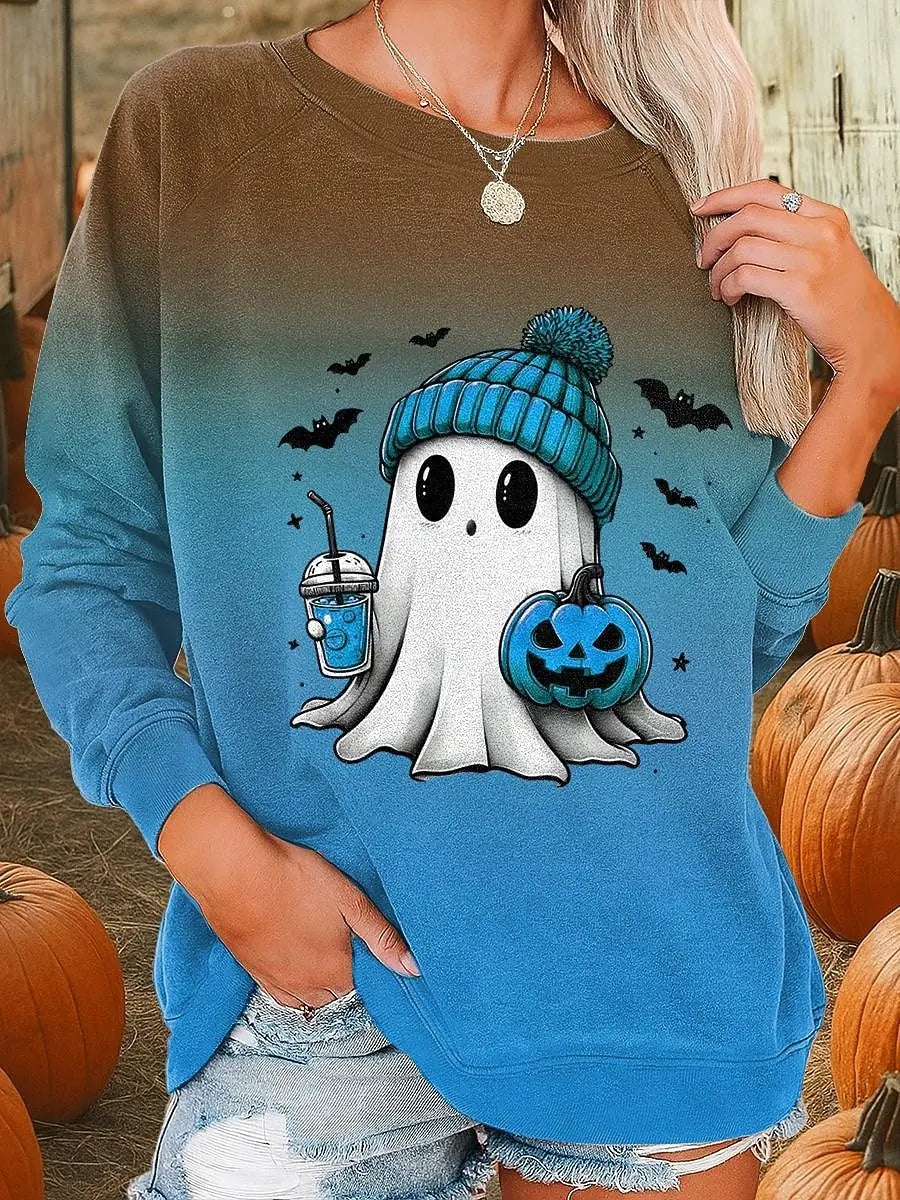 Podzimní zimní pulovr pro ženy s potiskem ducha na Halloween, 3D tisk, kulatý výstřih, dlouhý rukáv, dámské oblečení, Y2K streetwear