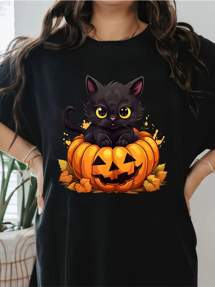 Unisex černé tričko s kočkou a dýní - ideální pro Halloween oslavy a dekorace