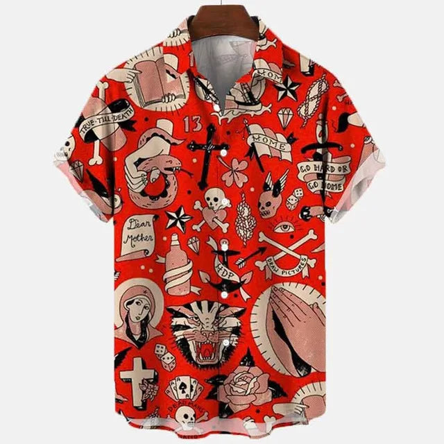 Letní pánská košile s 3D potiskem lebky a dýně Krátký rukáv Havajská ležérní ulice Party